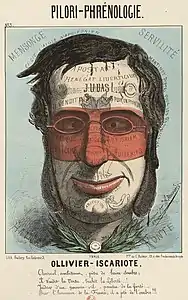 Caricature d'Émile Ollivier (Pilori-Phrénologie no&nbsp;3, octobre 1870).