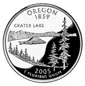 Pièce figurant la caldeira avec les mentions «&nbsp;Oregon 1859 Crater Lake 2005 e pluribus unum&nbsp;».