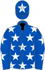 royal Blue, white stars, royal blue sleeves, white stars, royal blue cap, white star