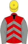 Red, grey chevrons, grey sleeves, yellow cap