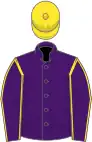 Purple, yellow seams on sleeves, yellow cap