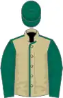Beige, dark green seams, dark green sleeves, dark green cap