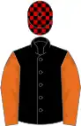 Black, orange sleeves, black and red check cap