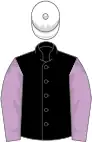 Black, lilac sleeves, white cap