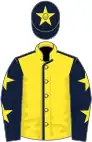Yellow, dark blue seams, dark blue sleeves, yellow stars, dark blue cap, yellow star