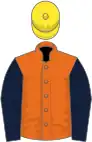 Orange, dark blue sleeves, yellow cap