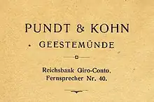 Papier à en-tête de la société Pundt & Kohn, années 1930.