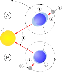 Schéma de la Terre à deux points de son orbite avec la Lune alignée ou non au Soleil. Un bourrelet d'eau sur la Terre suit la trajectoire de la Lune.