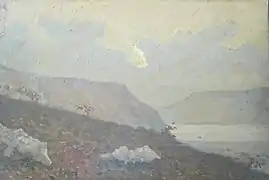 Paesaggio (Paysage) (style Macchiaioli) (il existe une autre œuvre avec le même sujet mais dans le style pointilliste), 1891, huile sur panneau, collection privée.