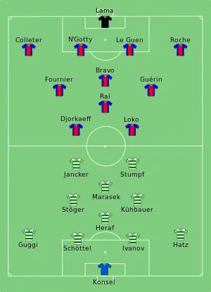 Schéma montrant les compositions des équipes lors de la finale de la Coupe d'Europe des vainqueurs de coupe remportée par le Paris Saint-Germain face au Rapid Vienne.