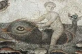 Palémon chevauchant un dauphin, mosaïque greco-romaine, Ve siècle av. J.-C., Musée d'archéologie, Antakya