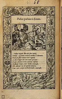 Pallas parlant à Inuidia, gravure de Bernard Salomon publiée dans la Métamorphose d'Ovide figurée par Jean de Tournes en 1557.
