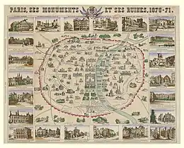 Plan de Paris entouré de dessins de monuments en ruines.