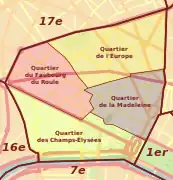Carte des quatre quartiers administratifs du 8e&nbsp;arrondissement.