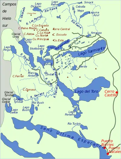 Carte du parc national Torres del Paine, avec l'emplacement du lac Skottsberg.