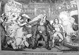 Lithographie, un homme en costume reçoit le contenu d’un seau, jeté par une femme.