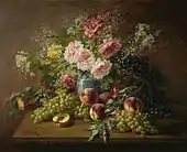 Nature morte avec fleurs, pêches et raisins (Still life with flowers, peaches and grapes), huile sure toile, 91,4&nbsp;×&nbsp;73,7&nbsp;cm