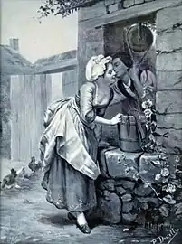 Scène galante près d'un puits, peinture en camaïeu sur porcelaine (1878)
