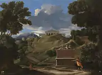 Paysage vallonné, chemin longeant un tombeau étrusque et montant vers des temples gréco-romains