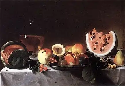 Pensionante del Saraceni (actif à Rome vers 1615-1625). Fruits et carafe de vin, vers 1615. Huile sur toile 51&nbsp;×&nbsp;72&nbsp;cm. National Gallery of Art, Washington.