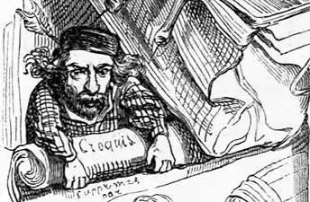 L'artiste courroucé, déroulant les croquis supprimés par l'auteur, p.&nbsp; 502 (détail).