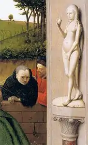 Ève à droite, sur un piédestal, la pomme à la main.