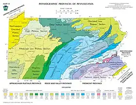 Carte physiographique de Pennsylvanie avec les Poconos (Glaciated Pocono Plateau Section) à l'est.