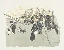 Vue d'en haut d'un carrefour pavé gris où se croisent plusieurs personnes : ouvriers, dames, familles.