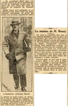 Coupure de presse sur deux colonnes. À gauche, les déclarations du procureur Couchepin vantant les mérites de Bonny, de part et d'autres d'une photographie de celui-ci s'avançant d'un pas décidé, la serviette sous le bras. À droite, un entrefilet confirmant l'information