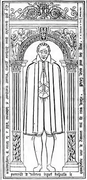 Dessin représentant le laboureur allongé habillé en tenue Renaissance les mains jointes en prière entouré de décorations architecturales et d'inscriptions