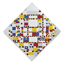 Victory Boogie-Woogie, 1944, le dernier tableau de Mondrian, inachevé ; huile, papier collé, sur toile, 127,5 × 127,5 cm, Gemeentemuseum.