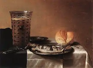 Nature morte au hareng, huile sur toile, 36&nbsp;×&nbsp;46&nbsp;cm, 1636 (Musée Boijmans Van Beuningen, Rotterdam). Œuvre de la période véritablement « monochrome » de Claesz (1630-1640).