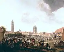 Vue du Paardenmarkt à Delft, par Pieter Wouwerman, 1665.