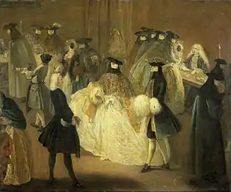 Le Casino de Pietro Longhi : deux femmes portent un moretta
