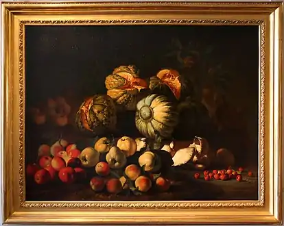 Nature morte aux fruits et aux champignons (XVIIe&nbsp;siècle), « Peintre de Carlo Torre » huile sur toile, 92&nbsp;×&nbsp;126&nbsp;cm, musée Fesch, Ajaccio.