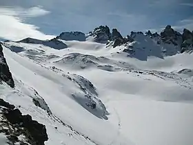 Vue depuis la brèche (domaine skiable) au-dessus du glacier en direction du Pizol.