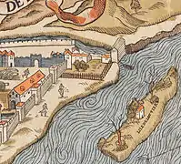 Sur le plan de Truschet et Hoyau vers 1550, la tour a disparu ; à droite l'île Louviers.