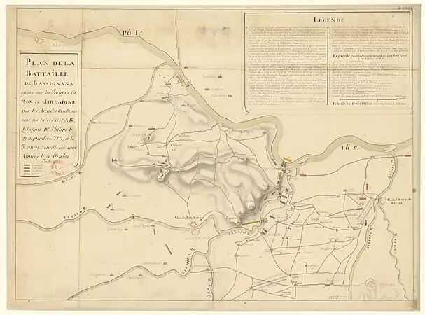 Plan de la bataille de Bassignana gagnée sur les troupes du roi de Sardaigne par les armées combinées sous les ordres S.A. R. l'infant, don Philippe, le 27 septembre 1745, et la position actuelle desdites deux armées le 10 octobre.