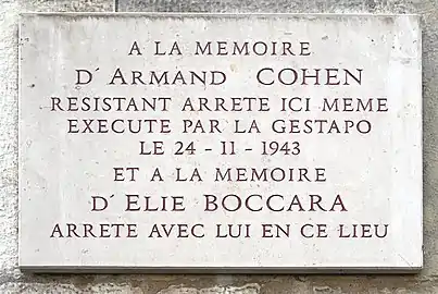 Plaque à la mémoire d'Armand Cohen et à celle d'Élie Boccara.