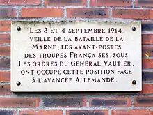 Plaque commémorative 1re&nbsp;guerre mondiale, 3 et 4 septembre 1914 à Survilliers (95).