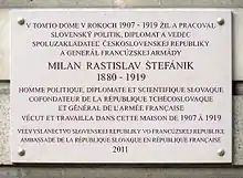 Plaque commémorative Milan Rastislav Štefánik.
