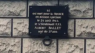 Plaque commémorative en hommage à  Albert Ballet