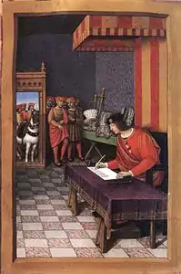 Louis&nbsp;XII écrivant à Anne de Bretagne (Épîtres de poètes royaux, vers 1510, Saint-Pétersbourg, fo&nbsp;51&nbsp;vo).