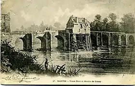 Le pont au XIXe&nbsp;siècle supportant le dernier moulin.
