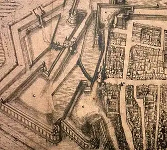La porte insérée dans les défenses de Vauban (détail d'un plan de 1611).