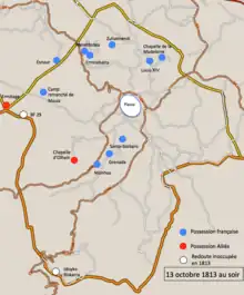 Carte de Sare, montrant par des points rouges et bleus les forces en présence le 13 octobre 1813.