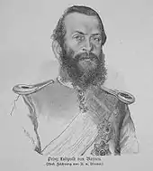 gravure noir et blanc : portrait d'un homme barbu en grand uniforme