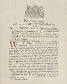 Proclamation de la Province du Haut-Canada par Isaac Brock après la déclaration de guerre.