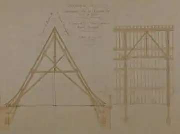 Schéma sépia d'une charpente, de face et de côté.