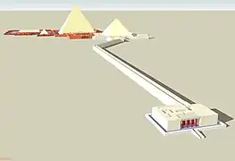 Restitution des pyramides de Niouserrê (à droite), Néferirkarê Kakaï (au centre), de Khentkaous&nbsp;II (à gauche) et de la pyramide inachevée de Néferefrê